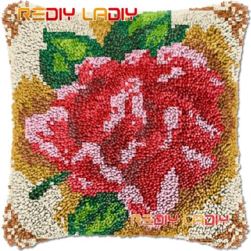 Latch Hook Cushion Red Peonies DIY Needlepoint Kits Chunky Acrylic Yarn Arts Crocheting Lofty Pillow Case Hobby & Crafts