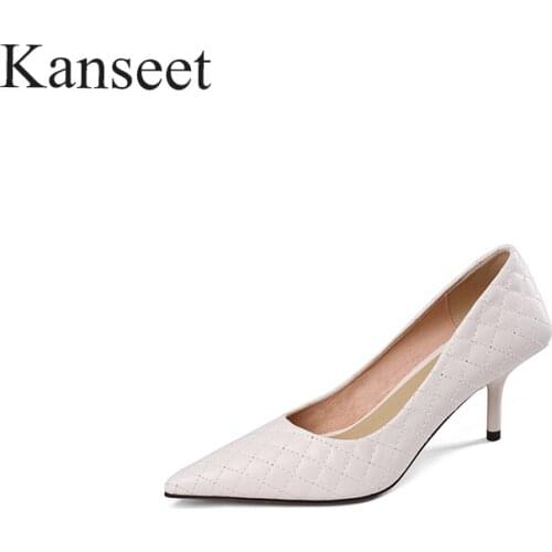 Kanseet 2021 New Womens Pumps Spring Autumn Fashion Design Mature Elegant Pointed Toe Shallow Handmade 6.5cm High Heels Shoes