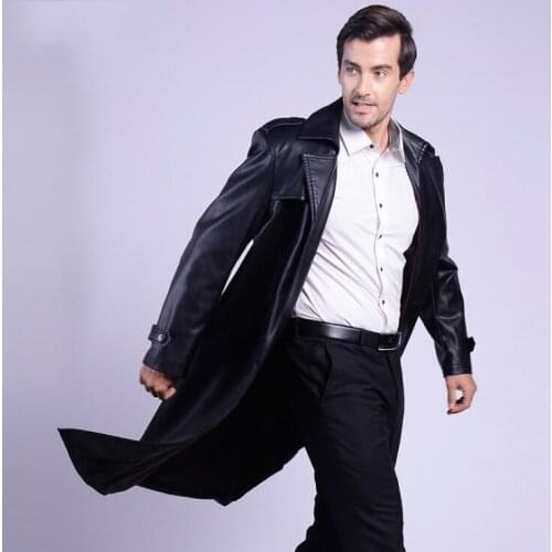 2020 spring new mens long section suit collar leather jacket mens Business casual double-breasted long trench coat Plus Size
