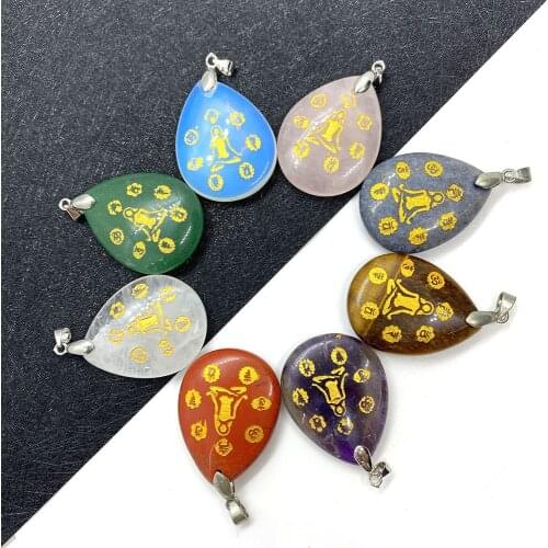 Flat Drop-shaped Natural Stone Tigers Eye Amethyst Yoga Necklace Pendant for DIY Jewelry Making Necklace Bracelet Size 24x32mm