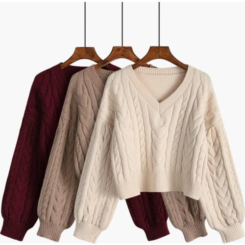 Autumn and Winter New Sweater Womens V-Neck Pullover Loose Thick Sweater Casual Short knitting Tops women