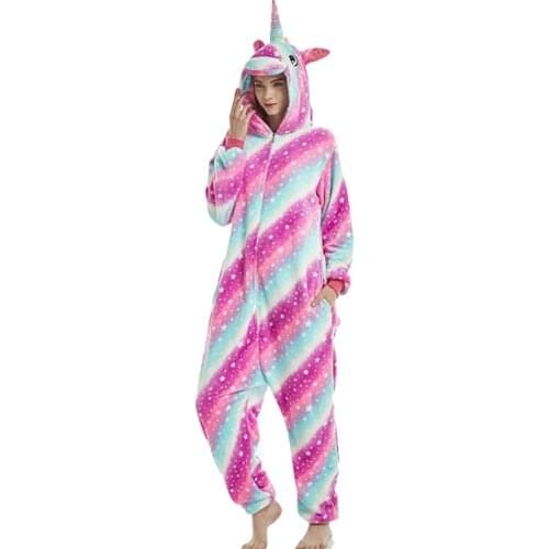 Unicorn Onesie Stripe Colorful Pajama Animal Cartoon Kigurumis Women Adult Overall Zipper Hooded Winter Warm Outfit Sleep Suit