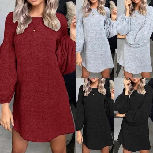 Casual Women Solid Color Long Puff Sleeve Cotton Loose Bottoming Top Mini Dress Loose Mini Dress For Womens Clothings