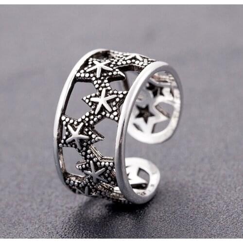Carved pentagram hollow star vintage adjustable ring for women Tibetan sliver wide big love rings free shipping jewelry bts
