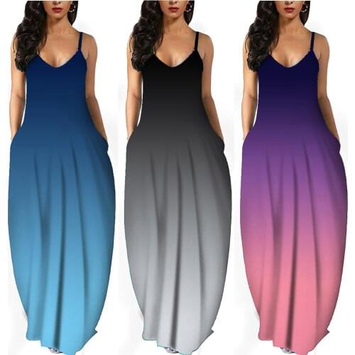 Sexy Gradient Print Long Dress Fashion Women Evening Party Dress Loose V-Neck Beach Dress Femme Casual Sleeveless Dress Vestidos