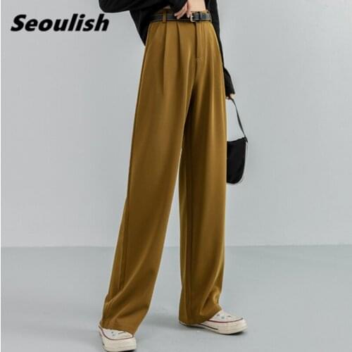 Seoulish Spring Autumn 2021 New Solid Minimalist Women Formal Pants with Belt High Waist Office Lady Wide Leg Loose Long Pants