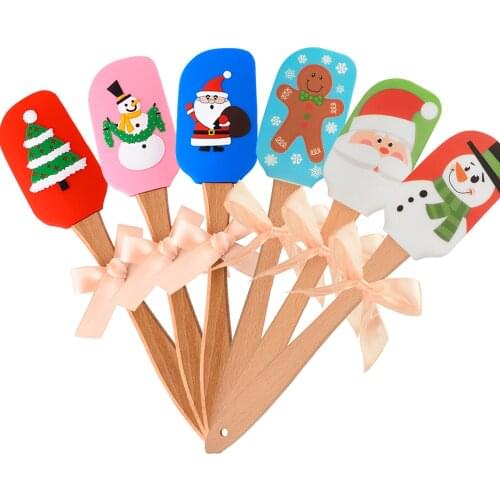 Silicone Cream Spatula Christmas Food Grade Non Stick Butter Pastry Spatulas DIY Cake Baking Decoration Tools Wooden Handle