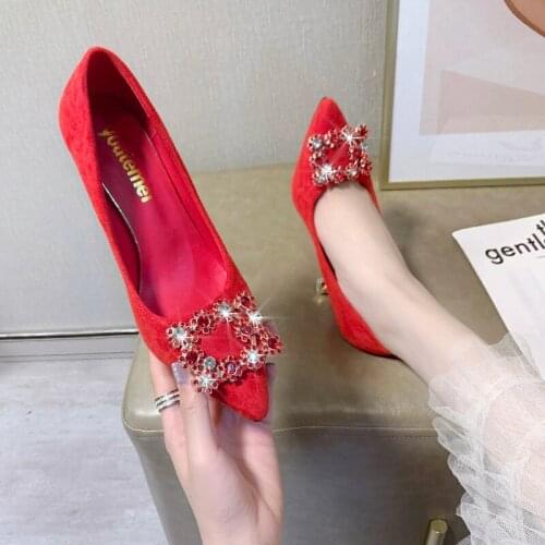 Wedding shoes 2020 new red shoes with versatile bridal shoes with thin heel Chinese style pointed rhinestone high-heeled