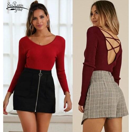 Spring Summer New Long Sleeve Slim Hollow Back V-neck Sweater Women Sexy Women Knitted Tops Pullover Women Retro Jumper 12816