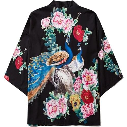 Japan Style Clothes Men Summer Streetwear Peacock Print Kimono Cardigan Mandarin Robe Men Unisex Japanese Trend Kimonos V2023