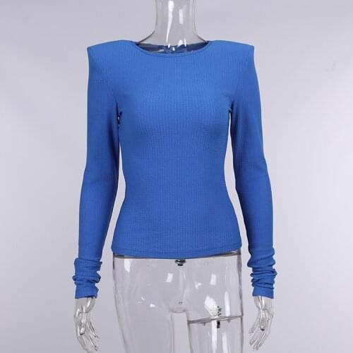 2021 Winter O-Neck T-shirt Women Elegant OL Slim Shoulder Pads Fashion Tee Shrit Femme Sexy Woman Tshirts Solid Tee Top