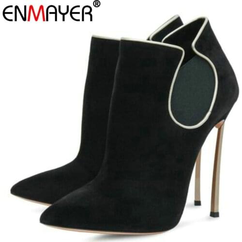 ENMAYER Pointed Toe Thin Heels Flock Ankle Boots Basic Zip 2020 Winter Boots Women Sewing Luxury Shoes Women Designers 34-43