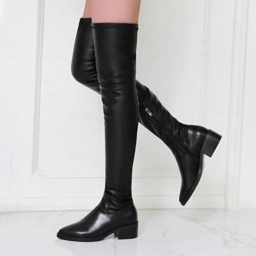 LAIGZEM Women Stretchy Over Knee Boots Leather Suede Side Zip Low Chunky Heels Boots Thigh High Shoes Botas Big Size 33 40 42 43