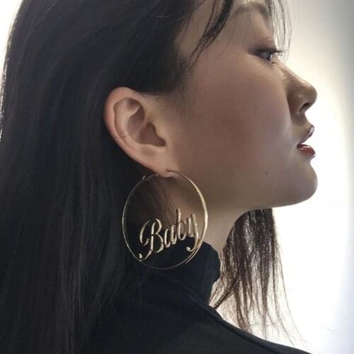 1 Pair Femme Fashion Women Large Circle Round Hoop Earrings Hyperbole Baby Letter Earrings Punk Dangle Hip-hop Jewelry