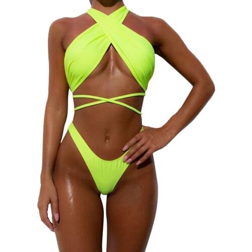Cross Bandage Women Swimsuit Brazilian Swimwear Sequins Halter Thong Bikini Set Summer Bathing Suit Beachwear Swim Wear