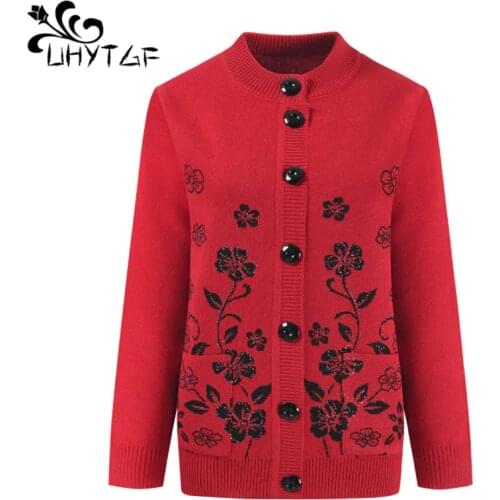 UHYTGF Womens sweater fashion Beaded cardigan women spring autumn sweater jacket O neck long sleeves warm 4XL plus size coat 716