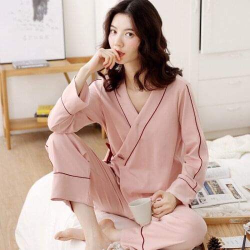 100%Cotton Maternity Pajamas Suits Ties Waist Slim Nursing Sleepwear Spring and Autumn Pajamas for Pregnant+Postnatal Women