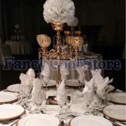 76cm Tall 5-arms Gold candelabras with crystal ball pendals,wedding centerpiece