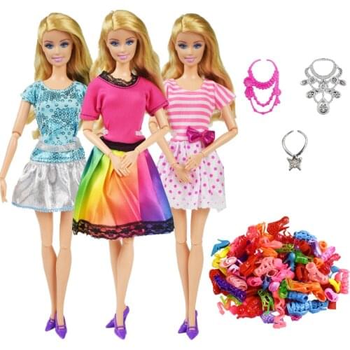 9 Item/Set Doll Accessories=3 Pcs Doll Clothes Dress + 3 Plastic Necklace + Random 3 Pairs Shoes for 12 Inch Doll Accessories