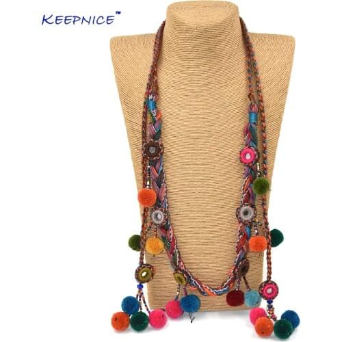 Colthing Accessories Bohemian Pompoms Charm Long Beaded Chains Necklace Handmade Velvet Ball Pompous Tassel Boho Maxi Necklace