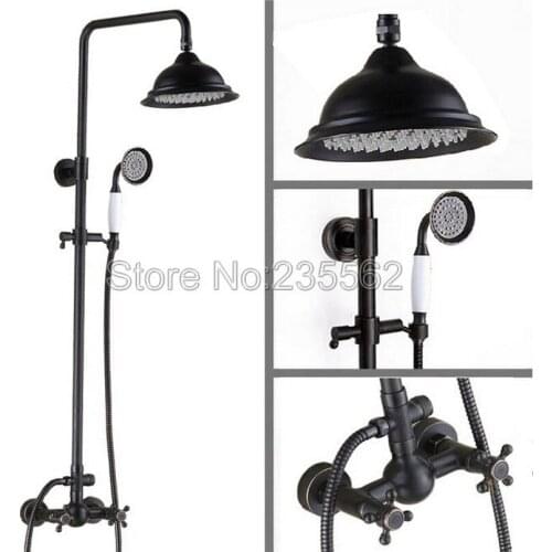 Black Oil Rubbed Bronze Bathroom Rain Shower Faucet Set Dual Handle Mixer Tap Wall Mounted with Handheld Shower Spray lrs411