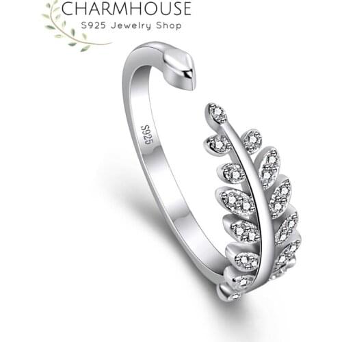 CZ Zirconia Leaf Rings For Women S925 Silver Crystal Engagement Ring Adjustable Fashion Jewelry Accesories Bague Femme Anillos