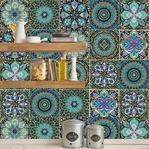 Dreamlike Blue Mandala Style Strips Tiles Wall Sticker Transfers Covers for Kitchen Bathroom Waterproof Peel & Stick Art Mural