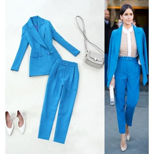 Two piece set top and pants womens new fashion lake blue waist double-breasted suit jacket + high waist pants suit