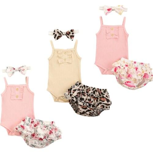 Infant Baby Girls Clothes Sets 3pcs Ruffles Solid Strapless Romper Tops Floral/Leopard Shorts Headband