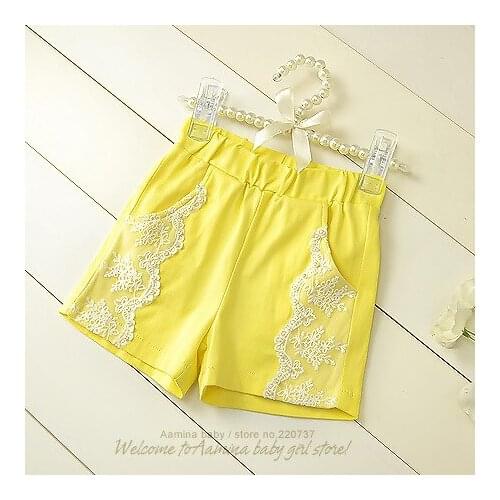[Aamina] Yellow/White Children kids baby girls summer lace short pants kids fashion beautiful lace shorts,girls clothes 2 years