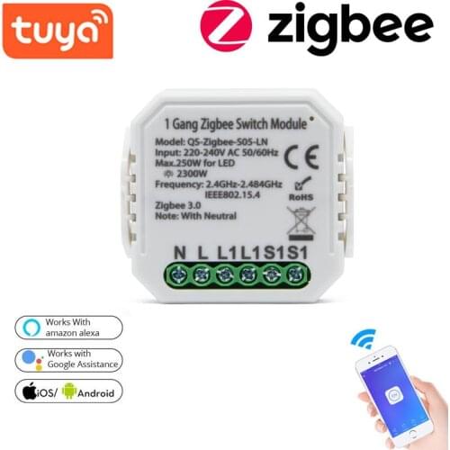 Tuya Zigbee Smart Switch Module With Neutral EU 220V 2 Way Wireless Light Switch Relay Zigbee Home Assistant