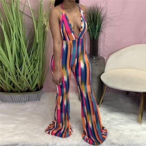 Musuos Summer Ladies Suspender Rompers Halter Backless V Neck Stripes Jumpsuits Trousers Slim Club Street Overall Clothes Women
