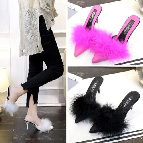 New Autumn Slippers Women Fashion Outside Sexy Trend Ostrich Fur Slippers Girls Tie-in Sexy High Heeled Female Slides Shoes