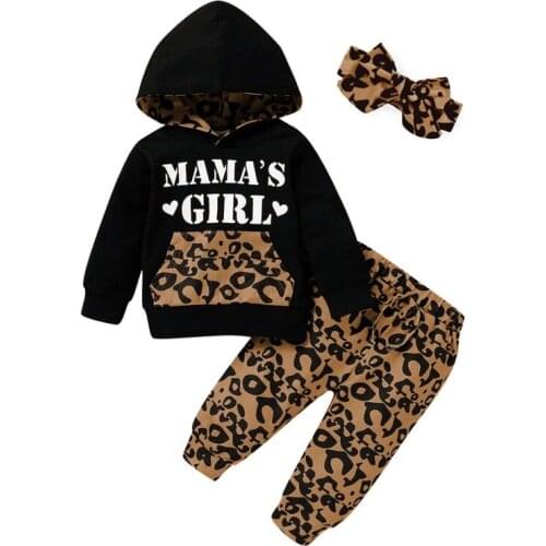 Autumn Baby Girl Leopard Print Long Sleeve Hoodie Sweatshirt Blouse Tops+Pants Headband Costume Set For Infant Girls