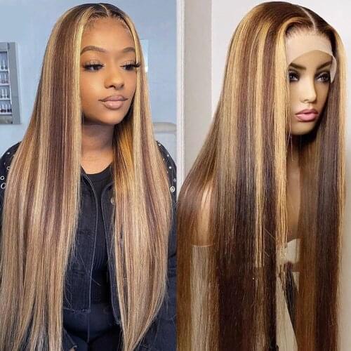 P4/27 Highlight Wig Colored Human Hair Wigs For Black Women Straight Lace Front Wig 4x4 Closure Wig Remy Peruvian Hair Tahikie