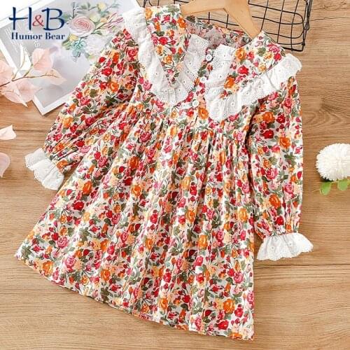 Humor Bear Girls Dress New Autumn Flare Sleeve Floarl Printed Lace Patchwork Sweet Princess Dress Toddler Clothing