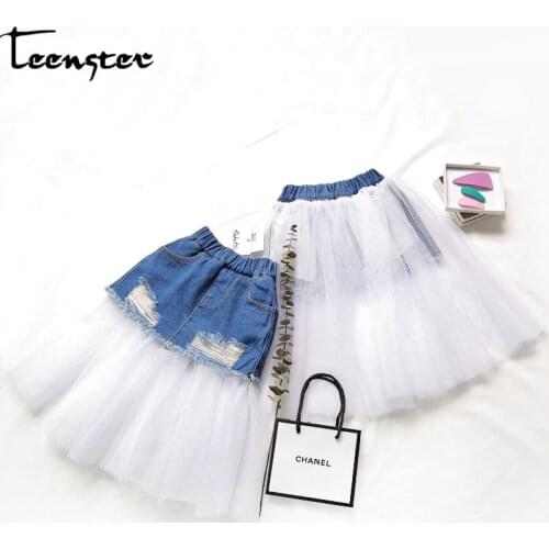 Teenster Kids Skirt for Girls Fashion Mesh Broken Hole Denim Skirts Korean Toddler Children Costume Wear on Both Sides Costume