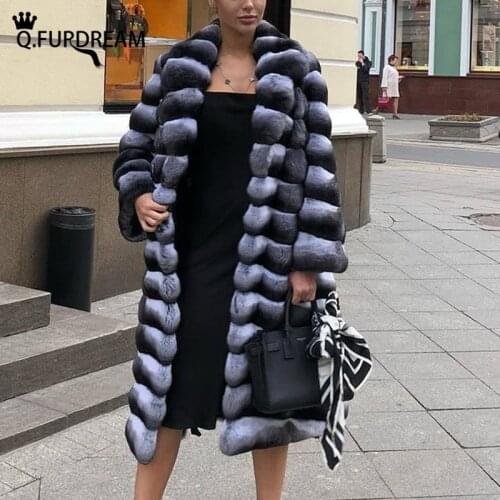 Q.FURDREAM New Long Real Rex Rabbit Fur Coats Full Sleeves Chinchilla Color Winter Thick Warm Genuine Rex Rabbit Fur Outerwear
