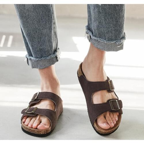 New Summer Unisex Beach Cork Slippers 2021 Women Casual Double Buckle Nubuck Leather Slip on Men Outside Slides Shoe