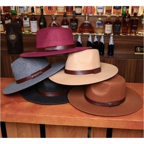 Fedora hat autumn and winter new top hat Tibet LHASA logo two-tone cashmere European and American 9cm brim jazz hat