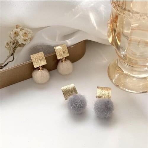 White Hair Balls Spring Korean Earrings Simple Hammered Square Designer Earrings