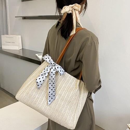 Ladies Summer Casual Straw Woven Top-handle Handbag Vintage Silk Ribbon Large Capacity Shoulder Underarm Shoulder Bags For Women