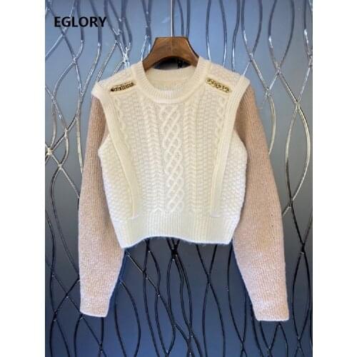 High Quality Wool Sweaters 2021 Autumn Winter Pullovers Women Golden Chain Beading Deco Long Sleeve Casual Knitted Jumpers Lady