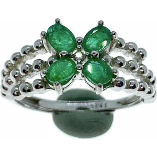 Luxurious Clover layer Natural green emerald gem Ring S925 Silver Natural Gemstone Ring girl Womens party gift Rings Jewelry
