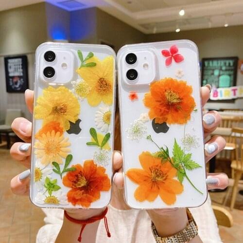 Retro Real Dried Flowers Phone Case For iphone 12 11 X XS Max XR 7 8 Plus Se 2020 12 Pro Max cases Soft TPU Cover Coque