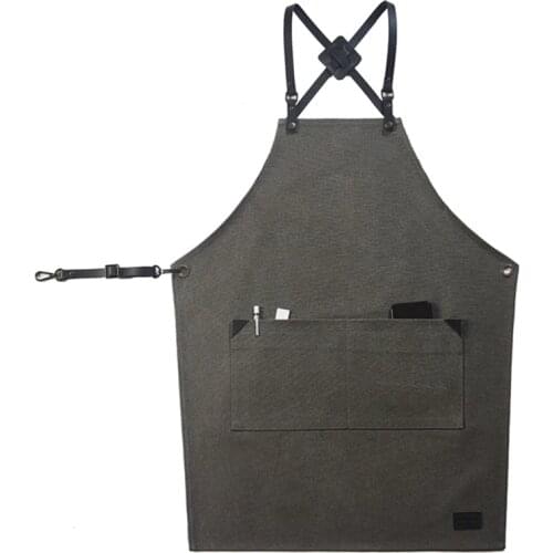 Black Gray Canvas Apron Leather Strap Hairdresser Barber Florist Work Wear Barista Bartender Baker Pastry Waitstaff Uniform D92