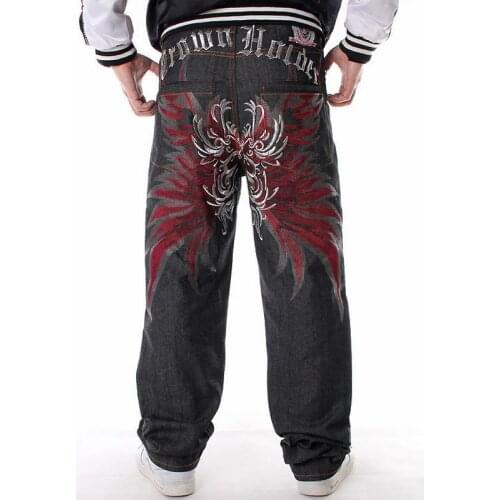 Men Street Dance Hiphop Jeans Fashion Embroidery Black Loose Board Denim Pants Overall Male Rap Hip Hop Jeans Plus Size 30-46