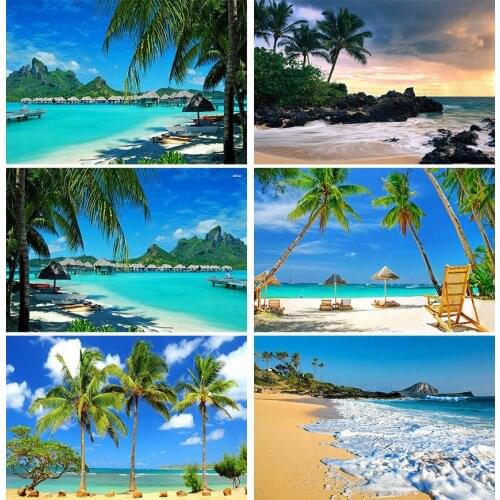 Sea Beach Sand Cloudy Blue Sky Scene Summer Beach Photography Backdrop for Photo Studio Tropical Palms Coconut Tree Background