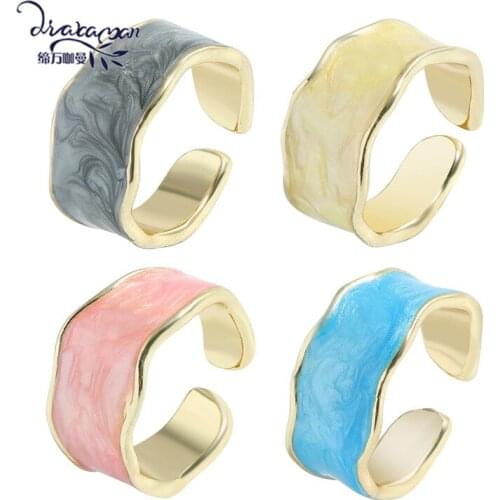 Dvacaman 2021 New Korean Trendy Geometric Circle Gold Metal Ring for Women Colorful Enamel Open Rings Finger Jewelry Party Gifts