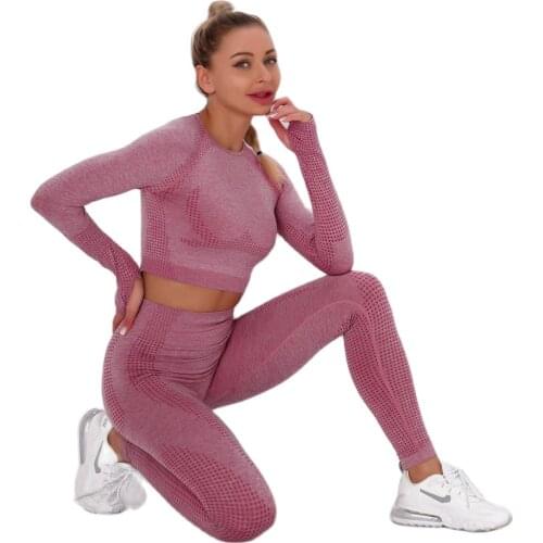 Seamless Women yoga set Workout Gym Long Sleeve Fitness Crop Top High Waist Leggings Sport Clothing Suits